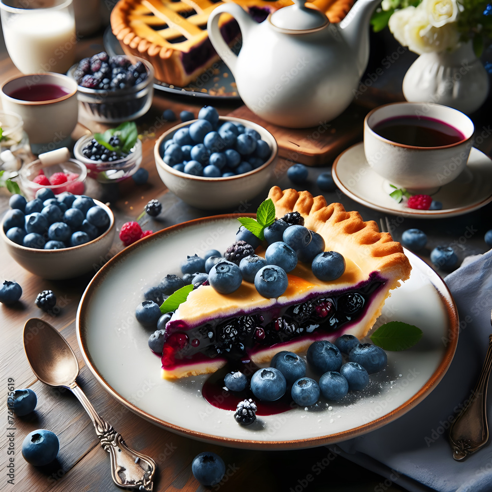 Blueberry cheesecake with fresh berries and cup of coffee. Toned image. Generative AI Blueberry cheesecake with fresh berries and cup of coffee. Toned image. Generative AI