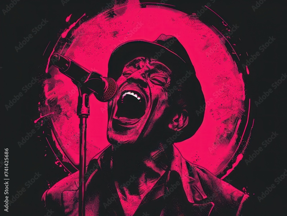 Laughing heartily comedian hyena comedy club evening microphone pop art