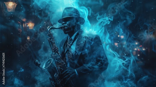 Jazz musician in a smoky New Orleans club late night with a saxophone vintage cool midnight blue Roaring Twenties melody in the air solo performance jazz soul