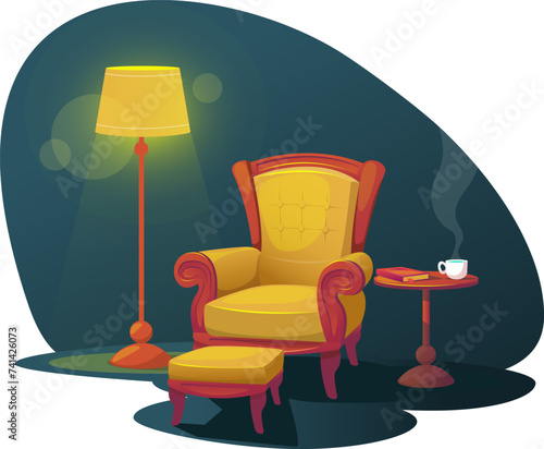 Cozy place to read books at night, soft chair and light from  lamp, table with book. Stock vector illustration