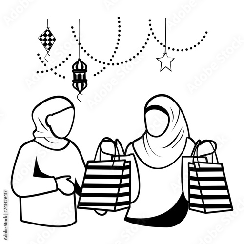 Muslim Females holding Shpping Bags on Chand Rat Vector Desig, Eid al-Azha or Eid ul Kabir Symbol, Hajj Sign Muslims religious Festival illustration, Asian Sisters Coming back Pre-Eid Shopping Concept photo