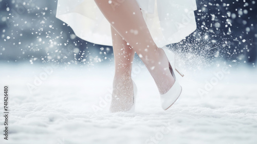 Close-up of female legs in heels running and kicking snow. Snowy weather concept. Light colour palette. Generative AI