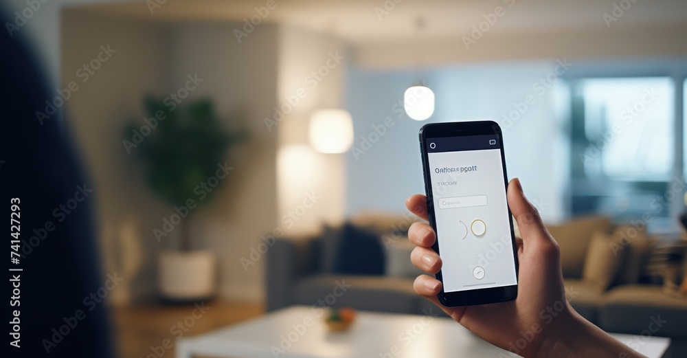 Person controlling home security devices, modern living room setting. Person controlling home security devices, modern living room setting.