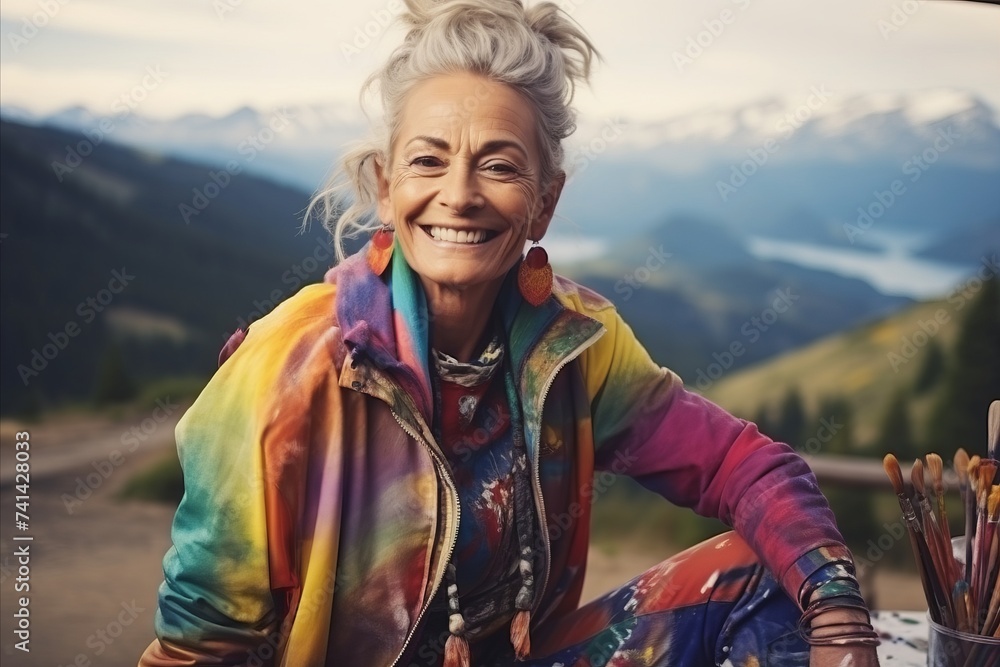 Portrait of a happy senior woman painting in the mountains at sunset
