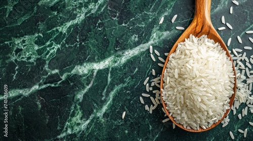 Spoon of uncooked rice on green marble table, top view. Banner with copy space. Concept of cooking ingredient, food, healthy nutrition, cereal grain, and agricultural product photo