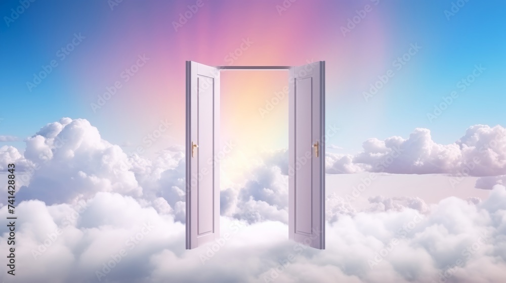 Open doors to a serene sky with fluffy white clouds. Concept of heaven, hope, dreams, positivity, new horizons, freedom, the unknown, mystery, wonder, and limitless possibilities Open doors to a serene sky with fluffy white clouds. Concept of heaven, hope, dreams, positivity, new horizons, freedom, the unknown, mystery, wonder, and limitless possibilities