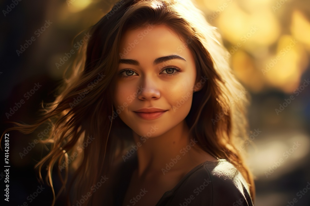 Young Woman with Radiant Smile in Sunlit Outdoor Setting 