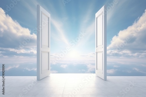 Doors open to serene blue sky with fluffy white clouds. Concept of heaven  hope  dreams  positivity  new horizons  freedom  the unknown  mystery  wonder  and limitless possibilities