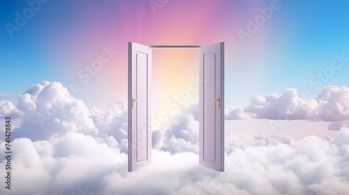 Open doors to a serene sky with fluffy white clouds. Concept of heaven  hope  dreams  positivity  new horizons  freedom  the unknown  mystery  wonder  and limitless possibilities