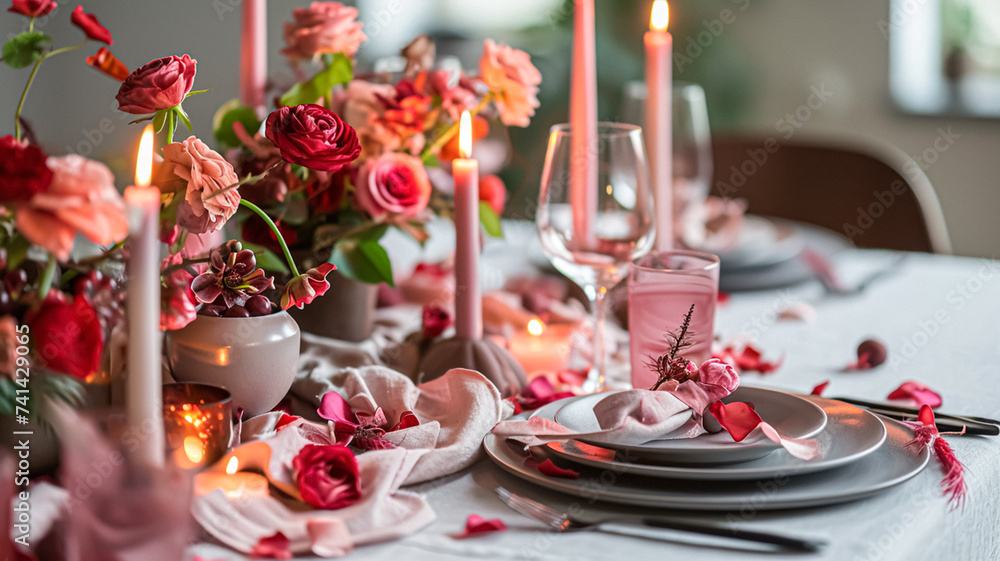 Festive table setting with cutlery, candles and beautiful red flowers in vase Festive table setting with cutlery, candles and beautiful red flowers in vase