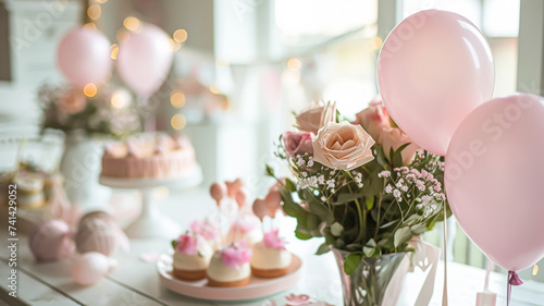 Birthday table decoration with sweets, flowers, candles and pink balloons.