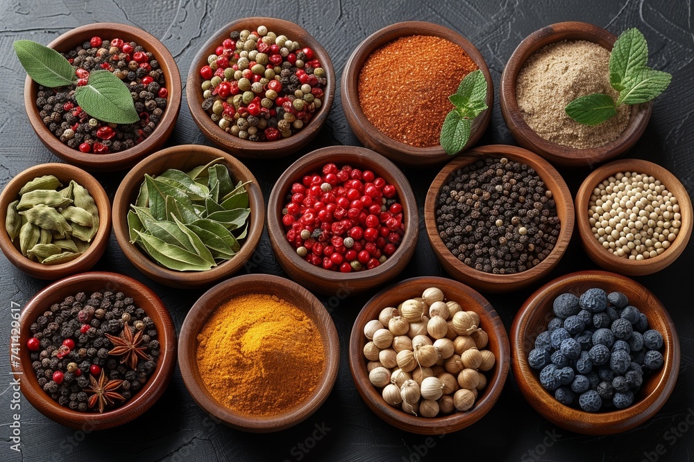 A vibrant mix of spices: pepper, turmeric, coriander, paprika, enhancing Indian cuisine's rich flavors. A vibrant mix of spices: pepper, turmeric, coriander, paprika, enhancing Indian cuisine's rich flavors.