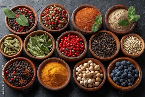 A vibrant mix of spices: pepper, turmeric, coriander, paprika, enhancing Indian cuisine's rich flavors.