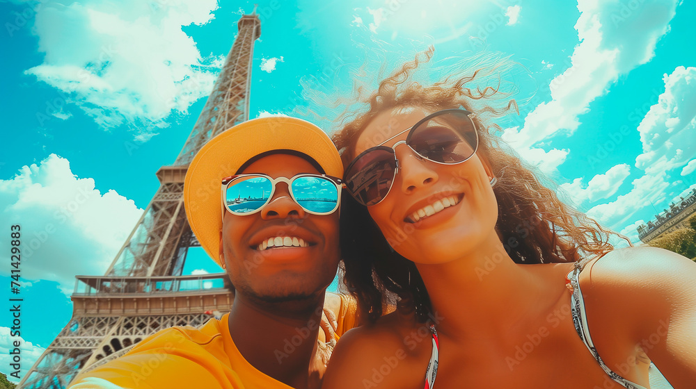 couple woman and African man taking a selfie at the Eiffel Tower, tourism and travel the Paris Olympic Games