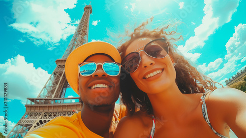 couple woman and African man taking a selfie at the Eiffel Tower, tourism and travel the Paris Olympic Games