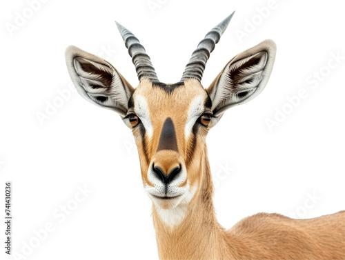 A graceful antelope with symmetrical horns and striking facial markings, gazing calmly forward.