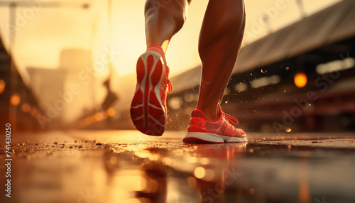 Close-up of the legs of an athlete running on a track. 