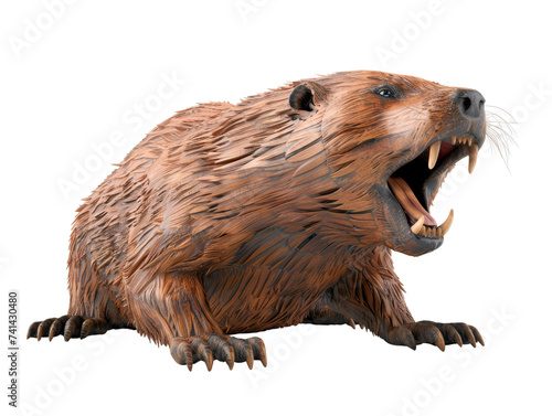 Fierce beaver with bared teeth, mid-growl, displaying its long, sharp incisors.