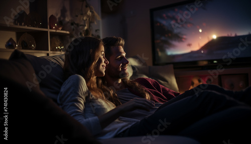 couple watching a movie on TV on the sofa at home. 