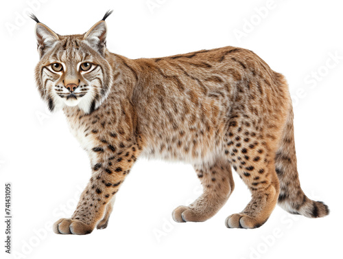 A side view of a bobcat with prominent spots and tufted ears.