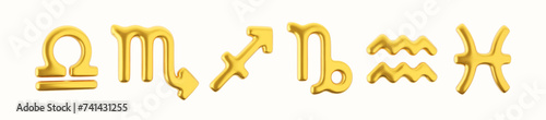 3d golden zodiac sign Libra, Scorpio, Sagittarius, Capricorn, Aquarius and Pisces on a white background.