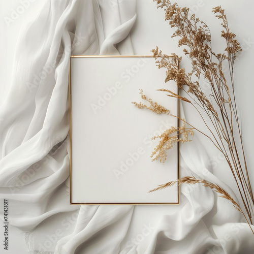 Elegant top-view mockup with blank frame, dried flowers, and white fabric, ideal for product presentations.