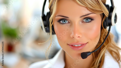 Female customer service rep in headset aids clients online, isolated on white with room for text. photo