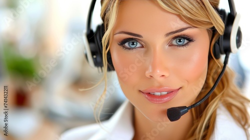 Female customer service rep in headset aids clients online, isolated on white with room for text.