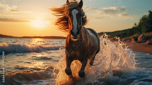 Foto Majestic horse galloping on the beach at sunset with ample copy space for text a