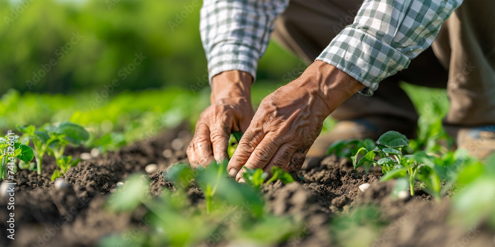 With dedication, a man's hands plant the roots of a thriving ecosystem. With dedication, a man's hands plant the roots of a thriving ecosystem.