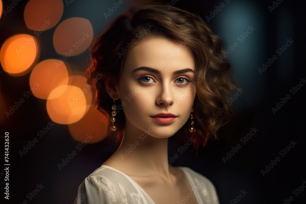 Elegant Young Woman with Soft Curls and Warm Bokeh Lights in the Background Elegant Young Woman with Soft Curls and Warm Bokeh Lights in the Background