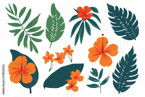 Tropical flowers, palm leaves, jungle leaf, bird of paradise flower, hibiscus. Vector exotic illustrations, floral elements isolated, Hawaiian bouquet for greeting card, wedding, wallpaper