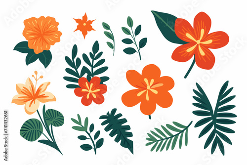 Tropical flowers, palm leaves, jungle leaf, bird of paradise flower, hibiscus. Vector exotic illustrations, floral elements isolated, Hawaiian bouquet for greeting card, wedding, wallpaper