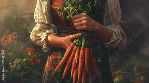 Woman holding a bunch of carrots.