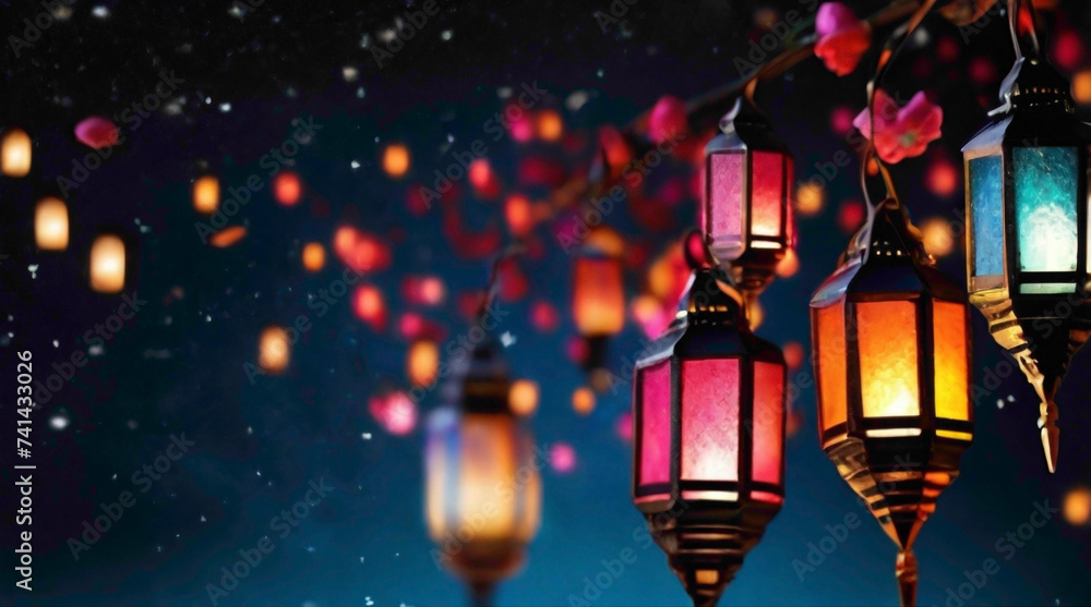 Ramadan background with flowers and lamp with txt copy space in the middle with peoples gather here and there for iftari abstract Ramadan background Ramadan background with flowers and lamp with txt copy space in the middle with peoples gather here and there for iftari abstract Ramadan background
