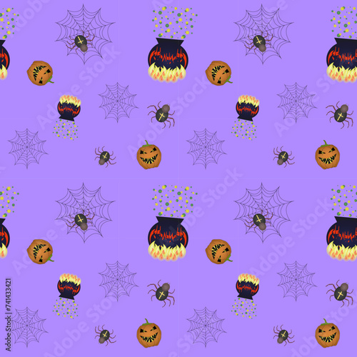 Spiders, cobwebs, potion cauldron, pumpkin, Halloween. Vector color pattern