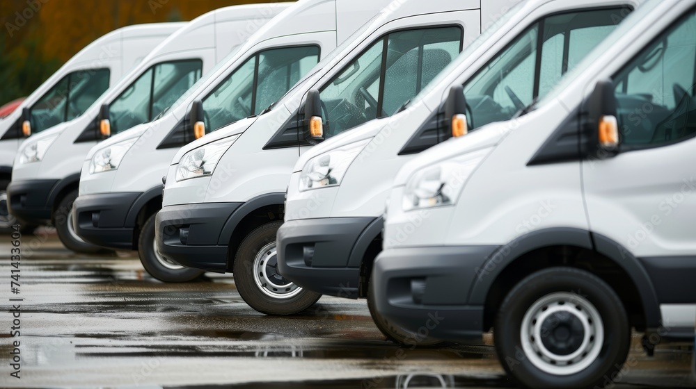 Obraz premium Row of new white vans in parking bay ready for work with blurred warehouse background and copy space