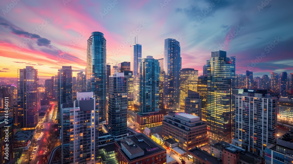 Obraz premium City Skyline Night View from Building Top Financial District Dusk Scene