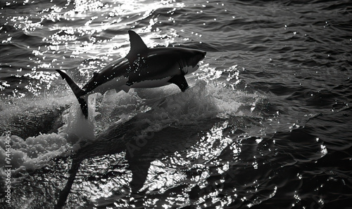 Beautiful black and white monochrome natural high-end action shot of great white shark in motion breaching the surface of ocean waters