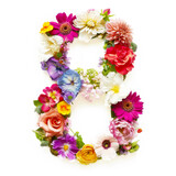 Number 8 Made of Colorful Flowers Isolated on White Background