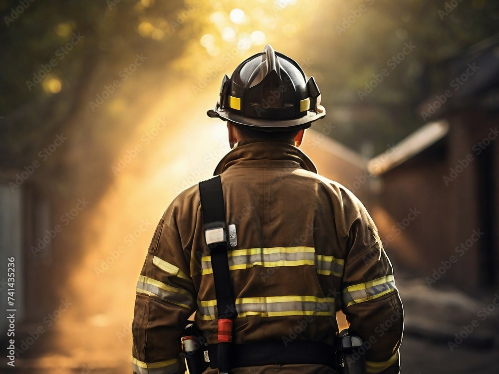 Fototapeta premium Back view of a firefighter with wearing safety gadgets, daytime, active sunlight effect, rescue man.