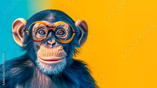 a chimpanzee wearing glasses on a blue and yellow background, copy space © edojob