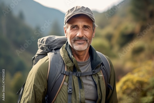 Portrait of senior man with backpack looking at camera while hiking in mountains