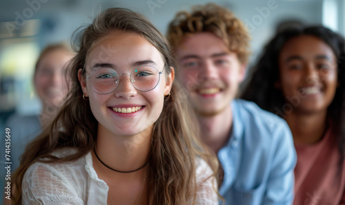 Group of smiling, happy and confident young business interns starting an internship at a private sector company. Candid modern contemporary isolated shot in an office setting, natural light and bokeh