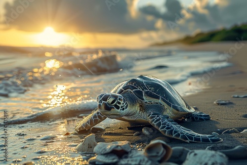 Sea Turtle on Shore at Golden Sunset. Generative AI