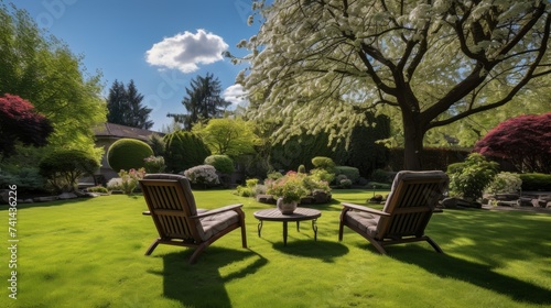 Tranquil backyard garden with green grass, blooming flowers, and inviting patio lounge chairs