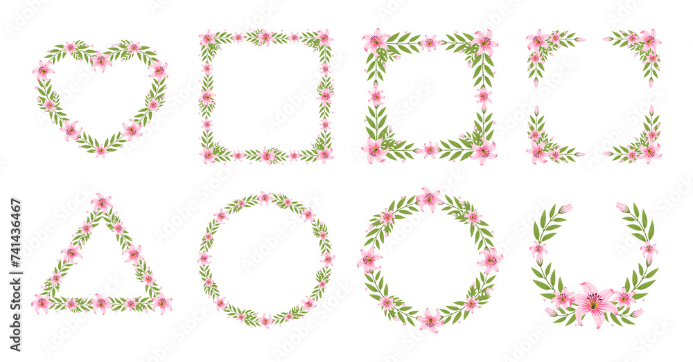 Transparent shape of pink lily flowers frame, Floral border box label of wreath ivy style with branch and leaves.