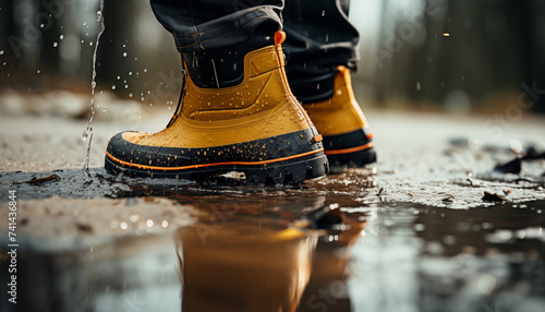 rubber boots close-up against the background of rain during the day. 
