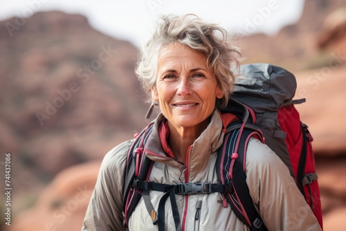 Portrait of smiling senior woman with backpack looking at camera in mountains