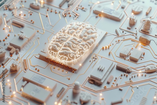 AI Brain Chip power semiconductors. Artificial Intelligence neuronal pharmacology mind visual system axon. Semiconductor microphone circuit board supramarginal gyrus photo